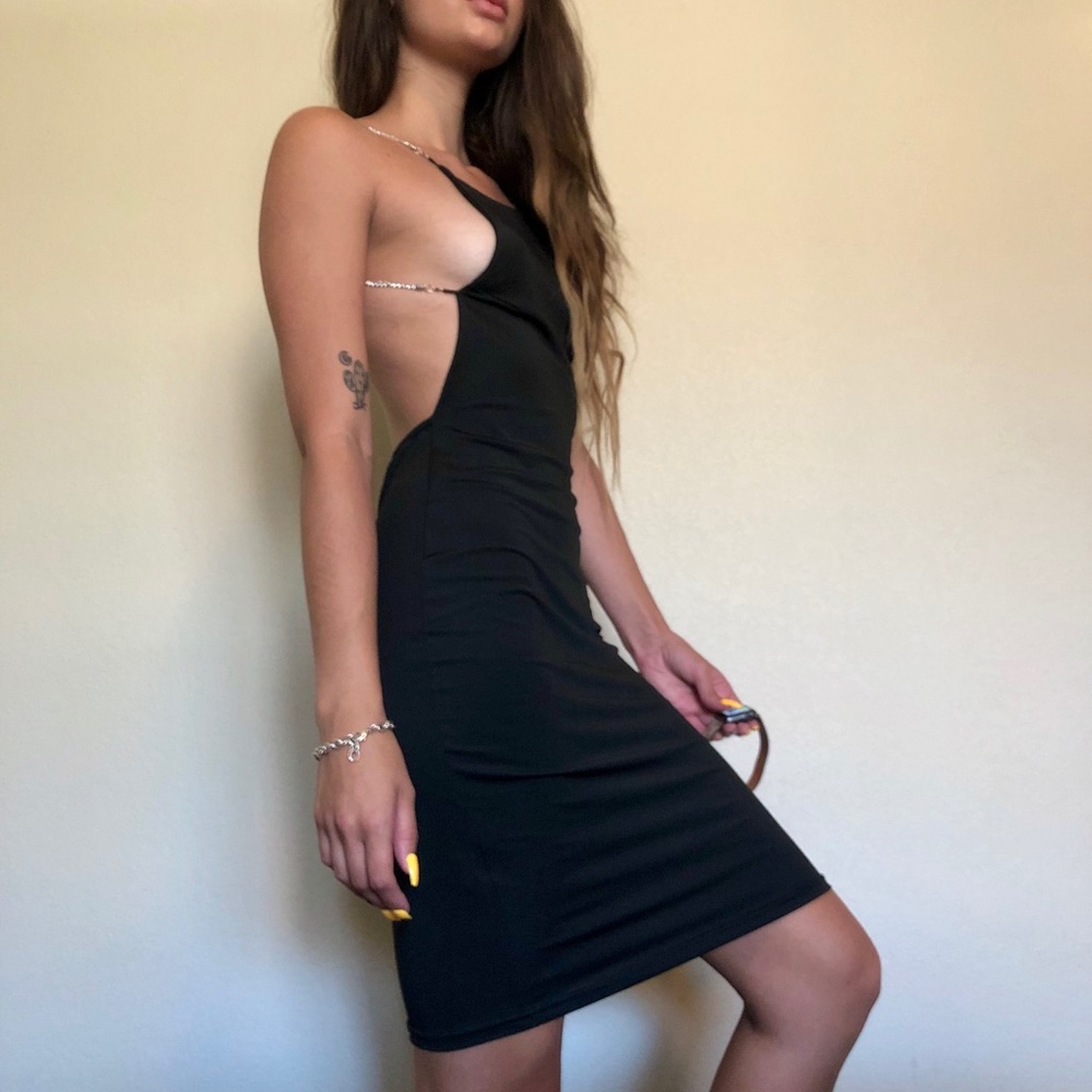 Rhinestone Strap Midi Black Bodycon Dress Sz S